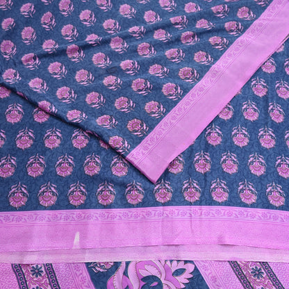 Indian Vintage Sari Pink & Gray Moss Crepe Printed Sarees 5yd Craft Fabric Sewing Floral Soft Dress making Quilting Crafting Upcycle Used