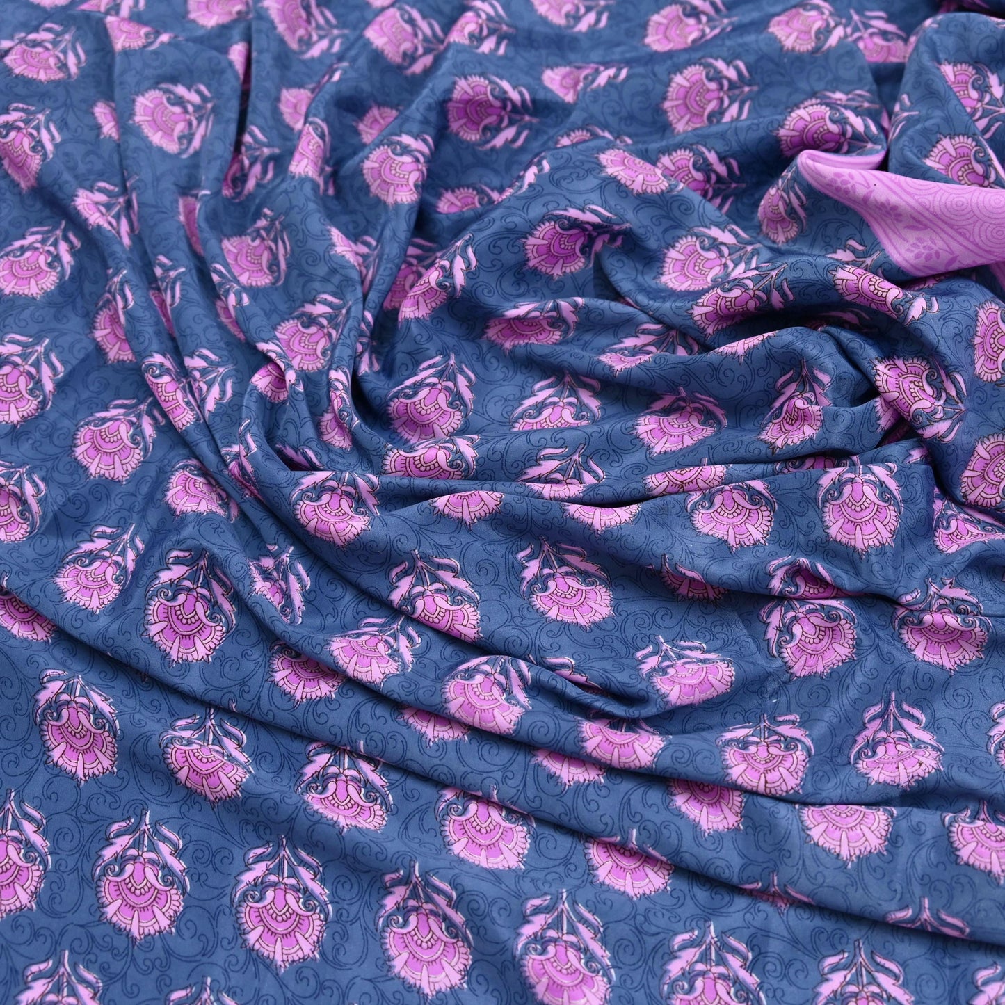 Indian Vintage Sari Pink & Gray Moss Crepe Printed Sarees 5yd Craft Fabric Sewing Floral Soft Dress making Quilting Crafting Upcycle Used