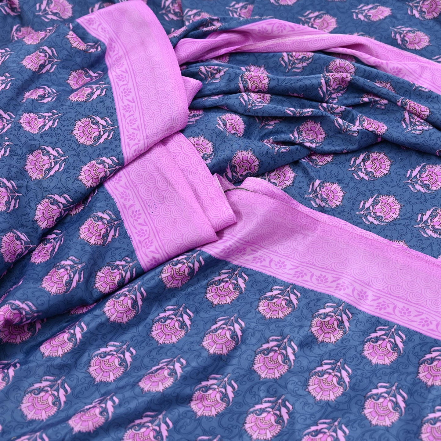 Indian Vintage Sari Pink & Gray Moss Crepe Printed Sarees 5yd Craft Fabric Sewing Floral Soft Dress making Quilting Crafting Upcycle Used