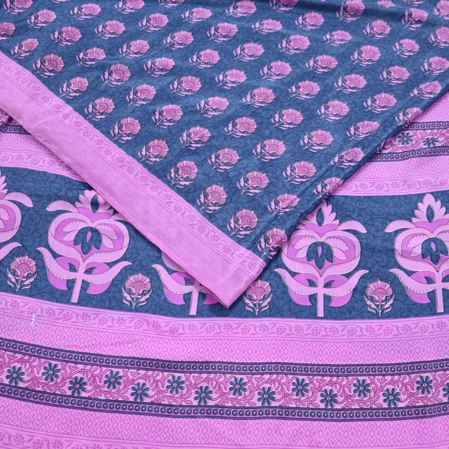 Indian Vintage Sari Pink & Gray Moss Crepe Printed Sarees 5yd Craft Fabric Sewing Floral Soft Dress making Quilting Crafting Upcycle Used