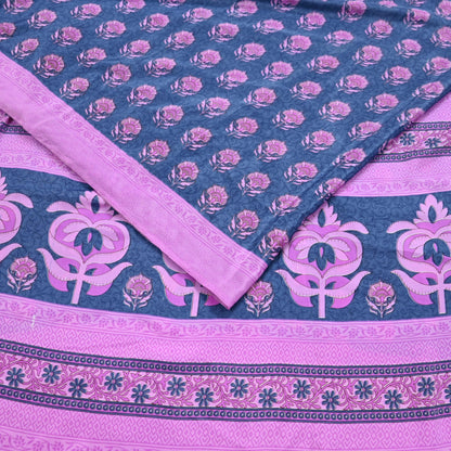 Indian Vintage Sari Pink & Gray Moss Crepe Printed Sarees 5yd Craft Fabric Sewing Floral Soft Dress making Quilting Crafting Upcycle Used