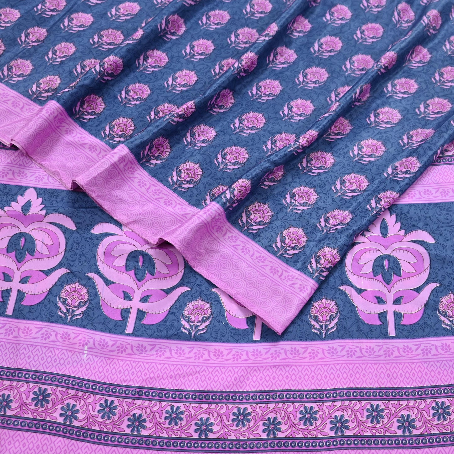 Indian Vintage Sari Pink & Gray Moss Crepe Printed Sarees 5yd Craft Fabric Sewing Floral Soft Dress making Quilting Crafting Upcycle Used