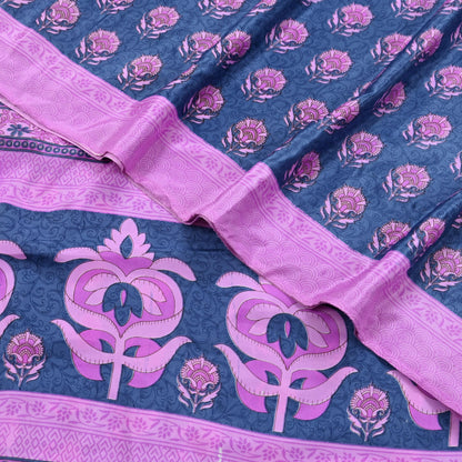 Indian Vintage Sari Pink & Gray Moss Crepe Printed Sarees 5yd Craft Fabric Sewing Floral Soft Dress making Quilting Crafting Upcycle Used