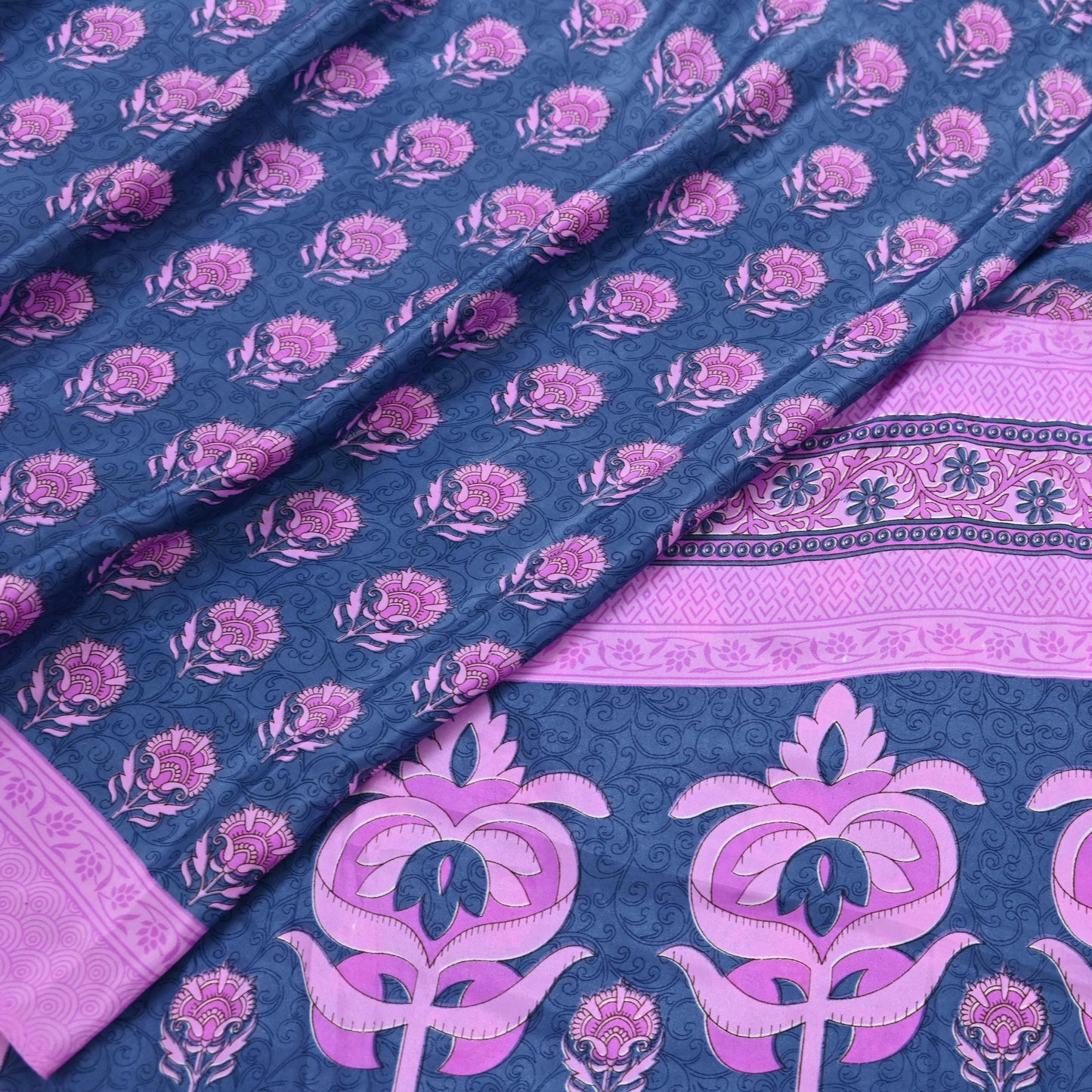 Indian Vintage Sari Pink & Gray Moss Crepe Printed Sarees 5yd Craft Fabric Sewing Floral Soft Dress making Quilting Crafting Upcycle Used