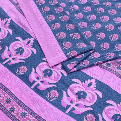 Indian Vintage Sari Pink & Gray Moss Crepe Printed Sarees 5yd Craft Fabric Sewing Floral Soft Dress making Quilting Crafting Upcycle Used