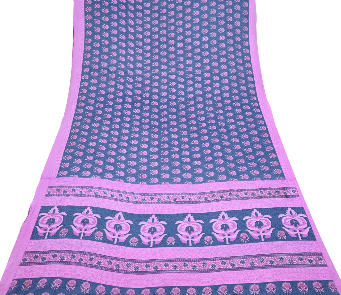 Indian Vintage Sari Pink & Gray Moss Crepe Printed Sarees 5yd Craft Fabric Sewing Floral Soft Dress making Quilting Crafting Upcycle Used