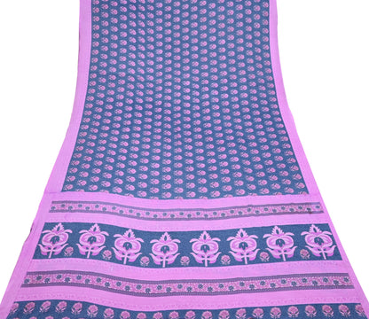 Indian Vintage Sari Pink & Gray Moss Crepe Printed Sarees 5yd Craft Fabric Sewing Floral Soft Dress making Quilting Crafting Upcycle Used