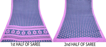 Indian Vintage Sari Pink & Gray Moss Crepe Printed Sarees 5yd Craft Fabric Sewing Floral Soft Dress making Quilting Crafting Upcycle Used