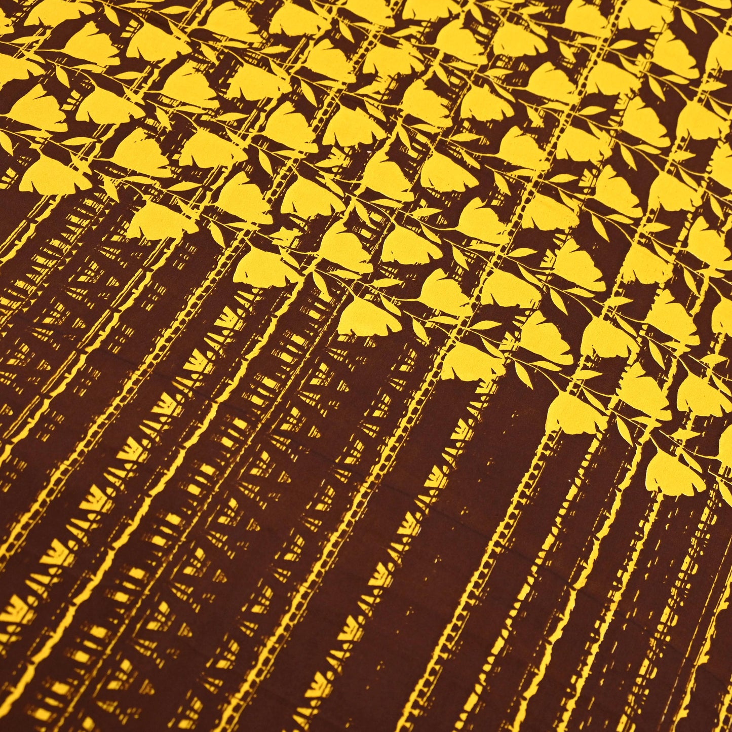 Indian Vintage Sari Yellow & Brown Moss Crepe Printed Sarees 6yd Craft Fabric Sewing abstract Soft Dress making Quilting Crafting Upcycle