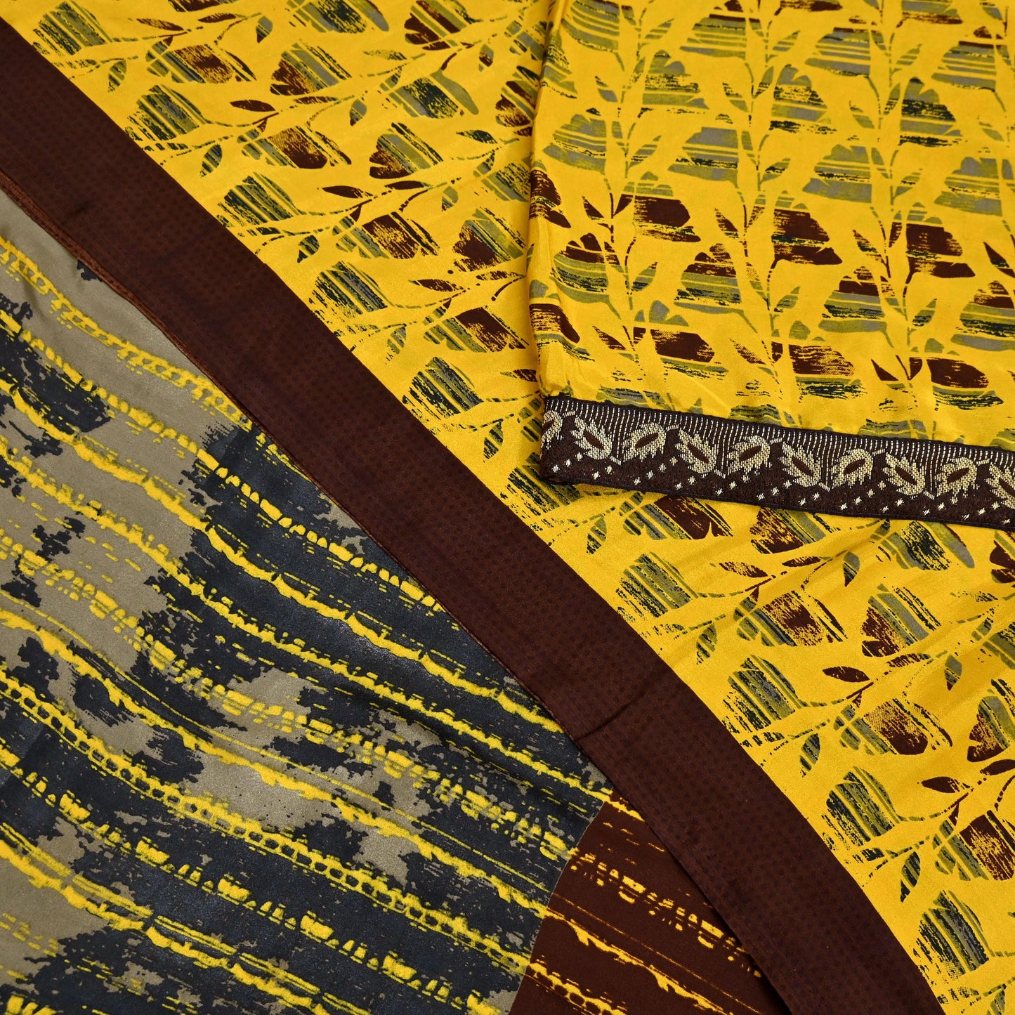 Indian Vintage Sari Yellow & Brown Moss Crepe Printed Sarees 6yd Craft Fabric Sewing abstract Soft Dress making Quilting Crafting Upcycle