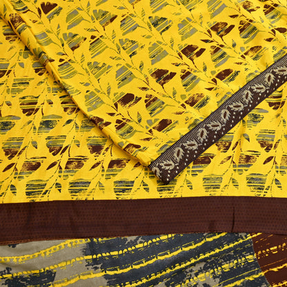 Indian Vintage Sari Yellow & Brown Moss Crepe Printed Sarees 6yd Craft Fabric Sewing abstract Soft Dress making Quilting Crafting Upcycle