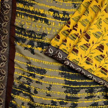 Indian Vintage Sari Yellow & Brown Moss Crepe Printed Sarees 6yd Craft Fabric Sewing abstract Soft Dress making Quilting Crafting Upcycle