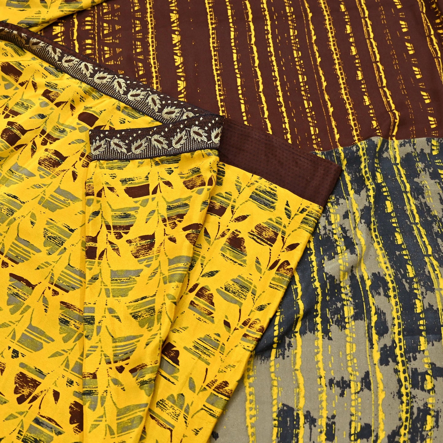 Indian Vintage Sari Yellow & Brown Moss Crepe Printed Sarees 6yd Craft Fabric Sewing abstract Soft Dress making Quilting Crafting Upcycle