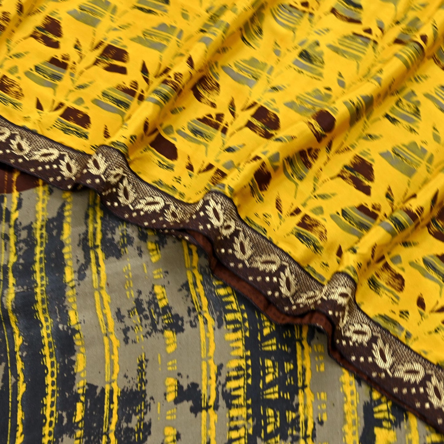 Indian Vintage Sari Yellow & Brown Moss Crepe Printed Sarees 6yd Craft Fabric Sewing abstract Soft Dress making Quilting Crafting Upcycle