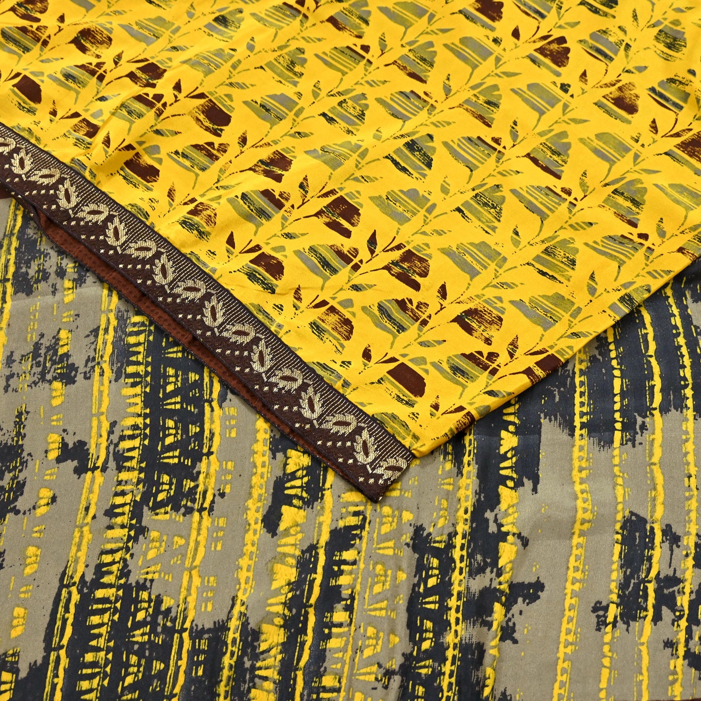 Indian Vintage Sari Yellow & Brown Moss Crepe Printed Sarees 6yd Craft Fabric Sewing abstract Soft Dress making Quilting Crafting Upcycle