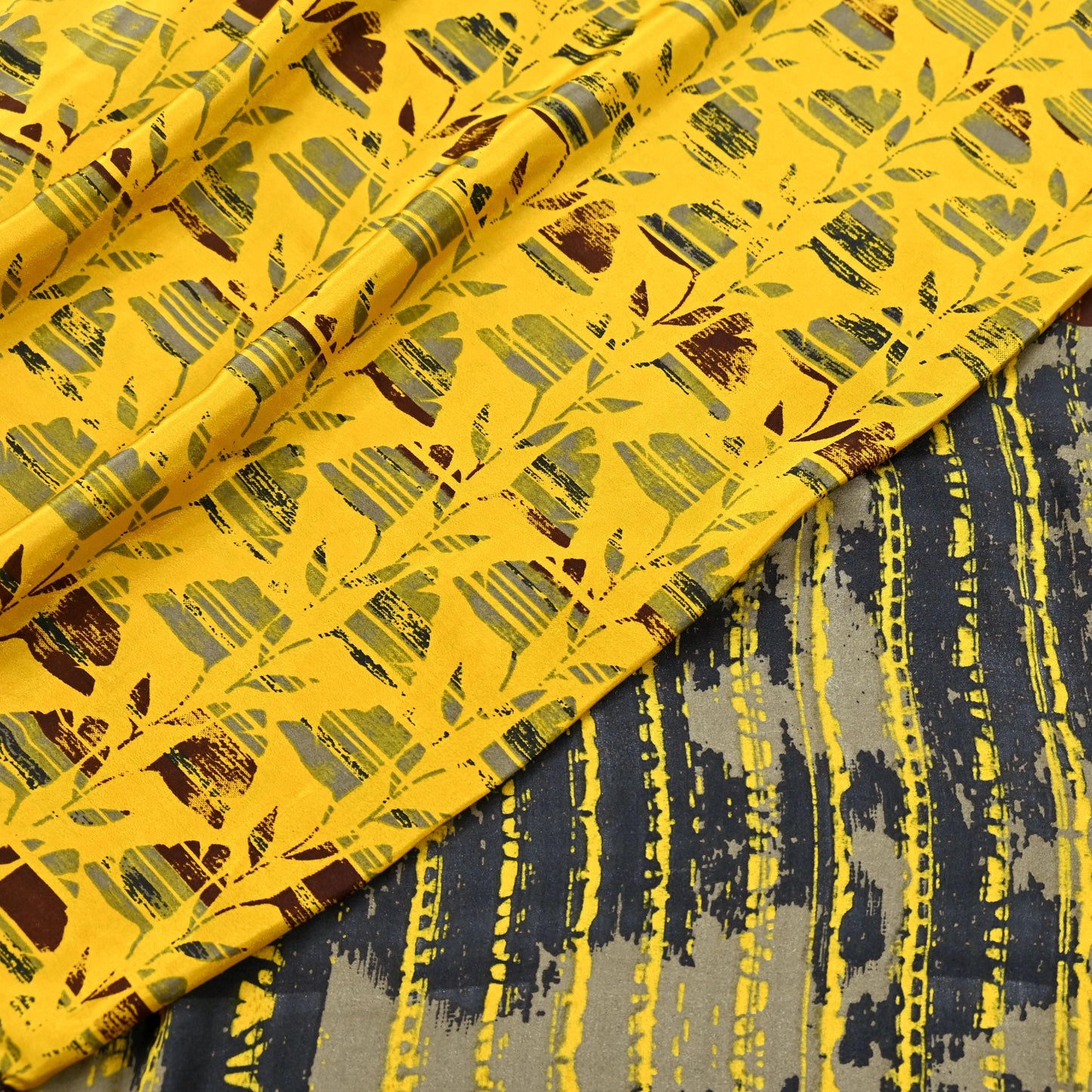 Indian Vintage Sari Yellow & Brown Moss Crepe Printed Sarees 6yd Craft Fabric Sewing abstract Soft Dress making Quilting Crafting Upcycle