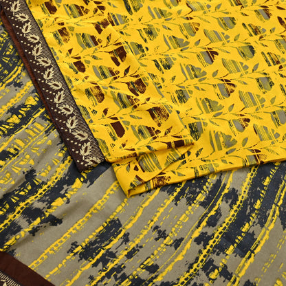 Indian Vintage Sari Yellow & Brown Moss Crepe Printed Sarees 6yd Craft Fabric Sewing abstract Soft Dress making Quilting Crafting Upcycle