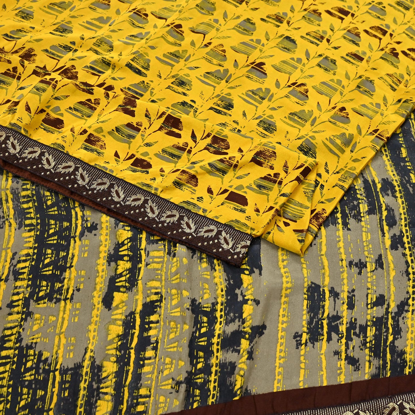 Indian Vintage Sari Yellow & Brown Moss Crepe Printed Sarees 6yd Craft Fabric Sewing abstract Soft Dress making Quilting Crafting Upcycle