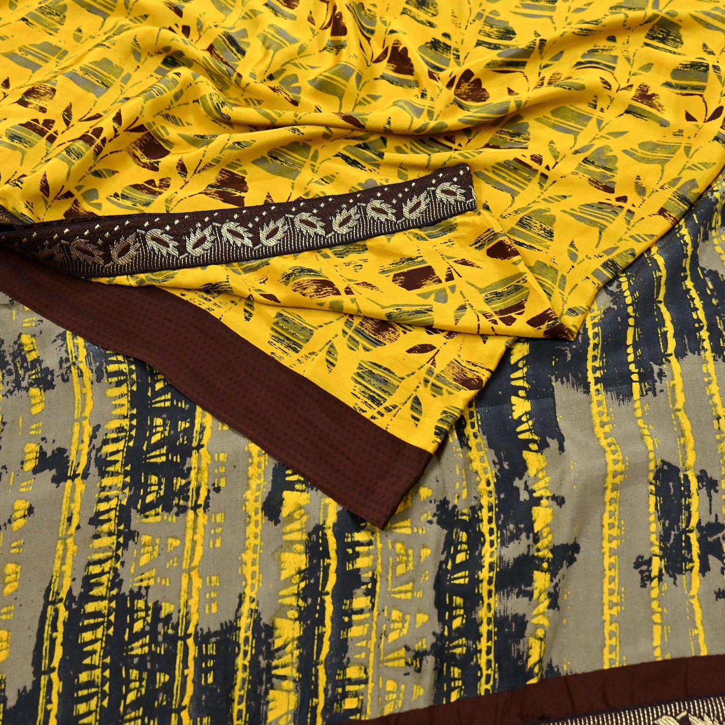 Indian Vintage Sari Yellow & Brown Moss Crepe Printed Sarees 6yd Craft Fabric Sewing abstract Soft Dress making Quilting Crafting Upcycle