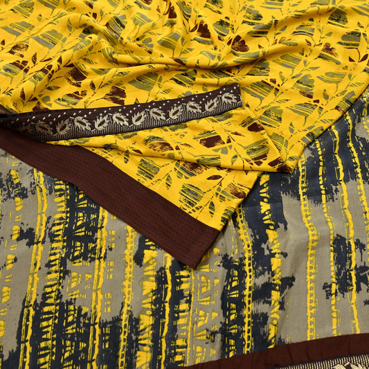 Indian Vintage Sari Yellow & Brown Moss Crepe Printed Sarees 6yd Craft Fabric Sewing abstract Soft Dress making Quilting Crafting Upcycle