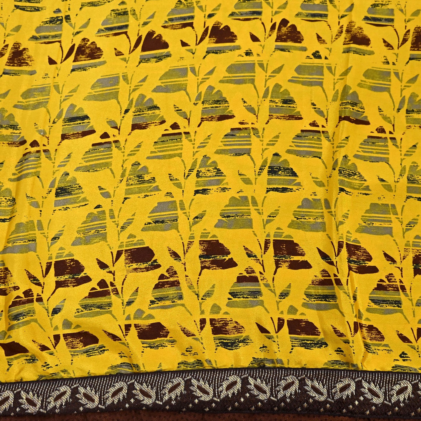 Indian Vintage Sari Yellow & Brown Moss Crepe Printed Sarees 6yd Craft Fabric Sewing abstract Soft Dress making Quilting Crafting Upcycle