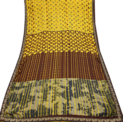 Indian Vintage Sari Yellow & Brown Moss Crepe Printed Sarees 6yd Craft Fabric Sewing abstract Soft Dress making Quilting Crafting Upcycle