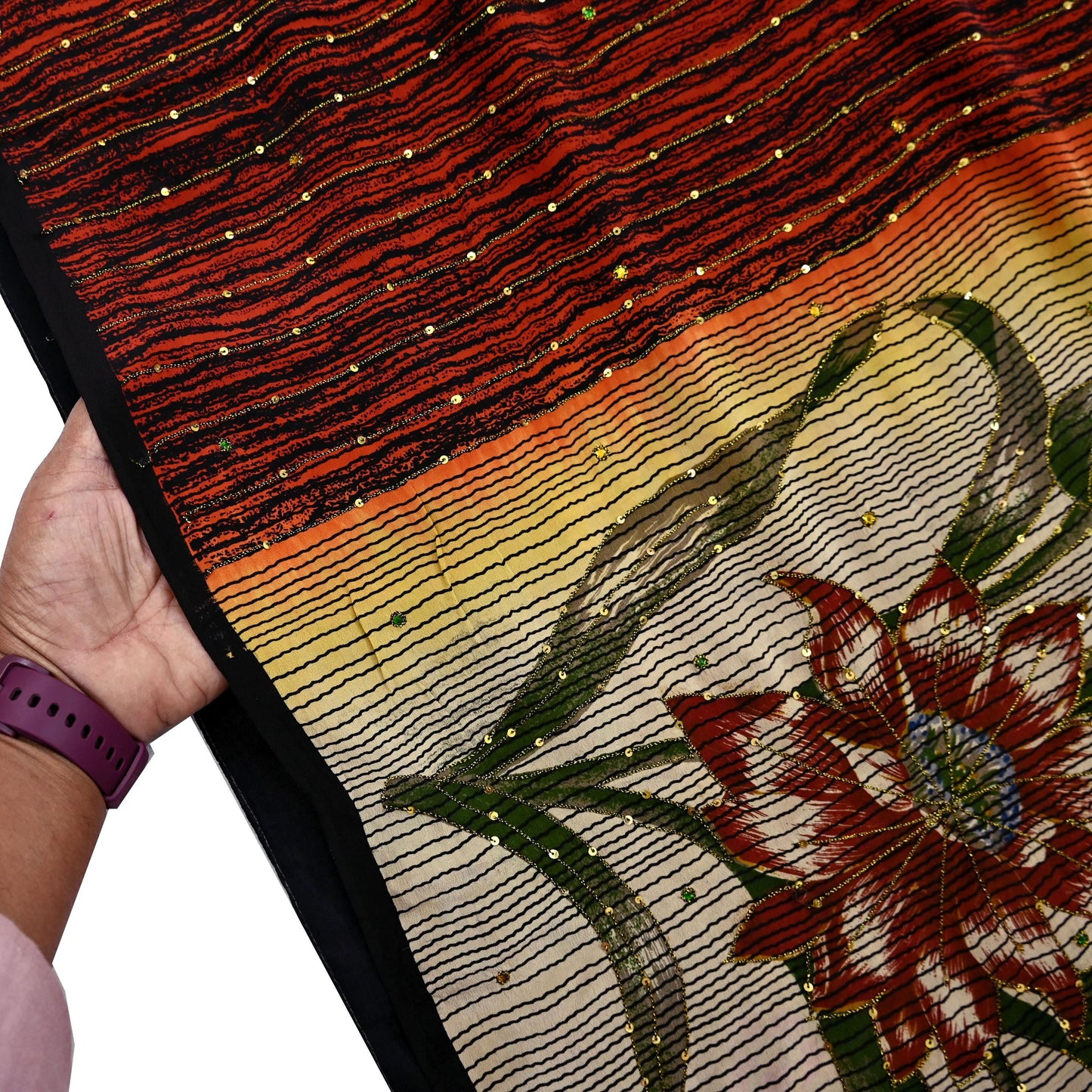 Indian Vintage Sari Multi Pure Crepe Silk Hand Embroidered Saree 5yd Craft Fabric Sewing Paisley Sequins Dress Making Crafting Quilting