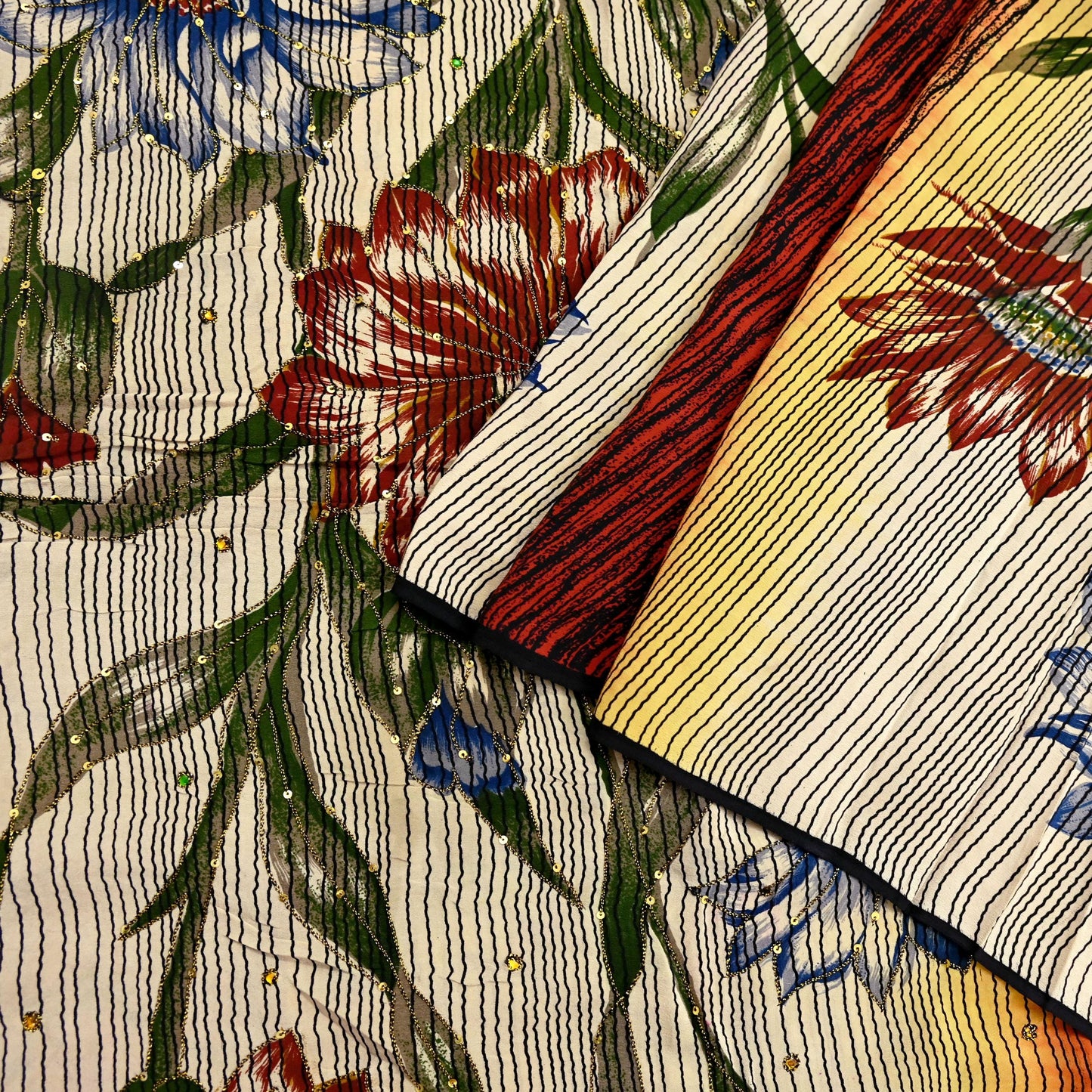 Indian Vintage Sari Multi Pure Crepe Silk Hand Embroidered Saree 5yd Craft Fabric Sewing Paisley Sequins Dress Making Crafting Quilting