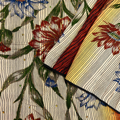 Indian Vintage Sari Multi Pure Crepe Silk Hand Embroidered Saree 5yd Craft Fabric Sewing Paisley Sequins Dress Making Crafting Quilting