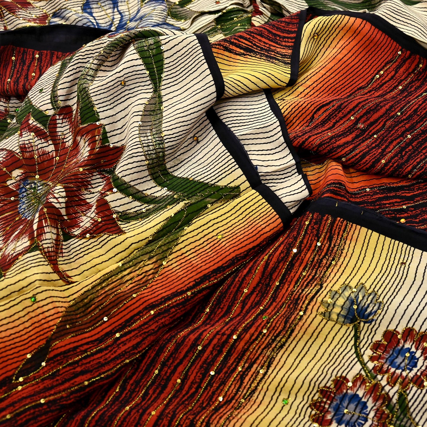 Indian Vintage Sari Multi Pure Crepe Silk Hand Embroidered Saree 5yd Craft Fabric Sewing Paisley Sequins Dress Making Crafting Quilting