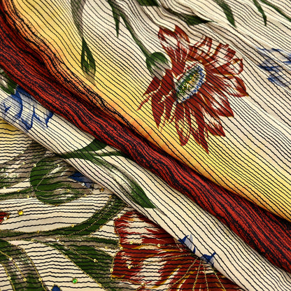 Indian Vintage Sari Multi Pure Crepe Silk Hand Embroidered Saree 5yd Craft Fabric Sewing Paisley Sequins Dress Making Crafting Quilting