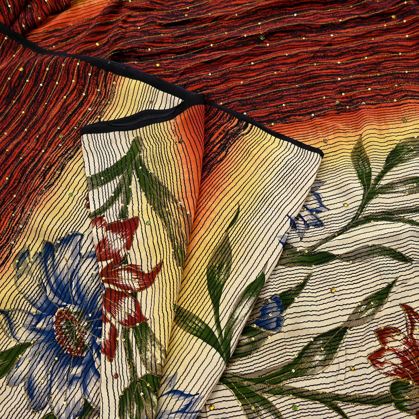 Indian Vintage Sari Multi Pure Crepe Silk Hand Embroidered Saree 5yd Craft Fabric Sewing Paisley Sequins Dress Making Crafting Quilting