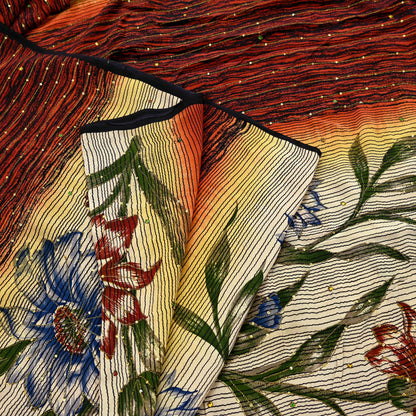 Indian Vintage Sari Multi Pure Crepe Silk Hand Embroidered Saree 5yd Craft Fabric Sewing Paisley Sequins Dress Making Crafting Quilting