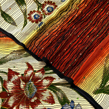 Indian Vintage Sari Multi Pure Crepe Silk Hand Embroidered Saree 5yd Craft Fabric Sewing Paisley Sequins Dress Making Crafting Quilting