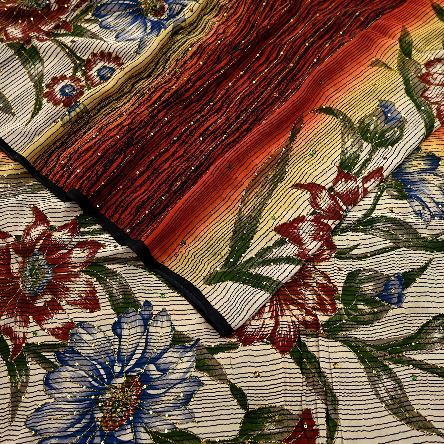 Indian Vintage Sari Multi Pure Crepe Silk Hand Embroidered Saree 5yd Craft Fabric Sewing Paisley Sequins Dress Making Crafting Quilting