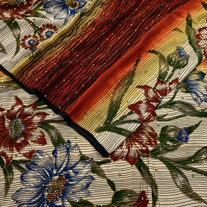 Indian Vintage Sari Multi Pure Crepe Silk Hand Embroidered Saree 5yd Craft Fabric Sewing Paisley Sequins Dress Making Crafting Quilting