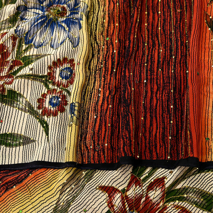 Indian Vintage Sari Multi Pure Crepe Silk Hand Embroidered Saree 5yd Craft Fabric Sewing Paisley Sequins Dress Making Crafting Quilting