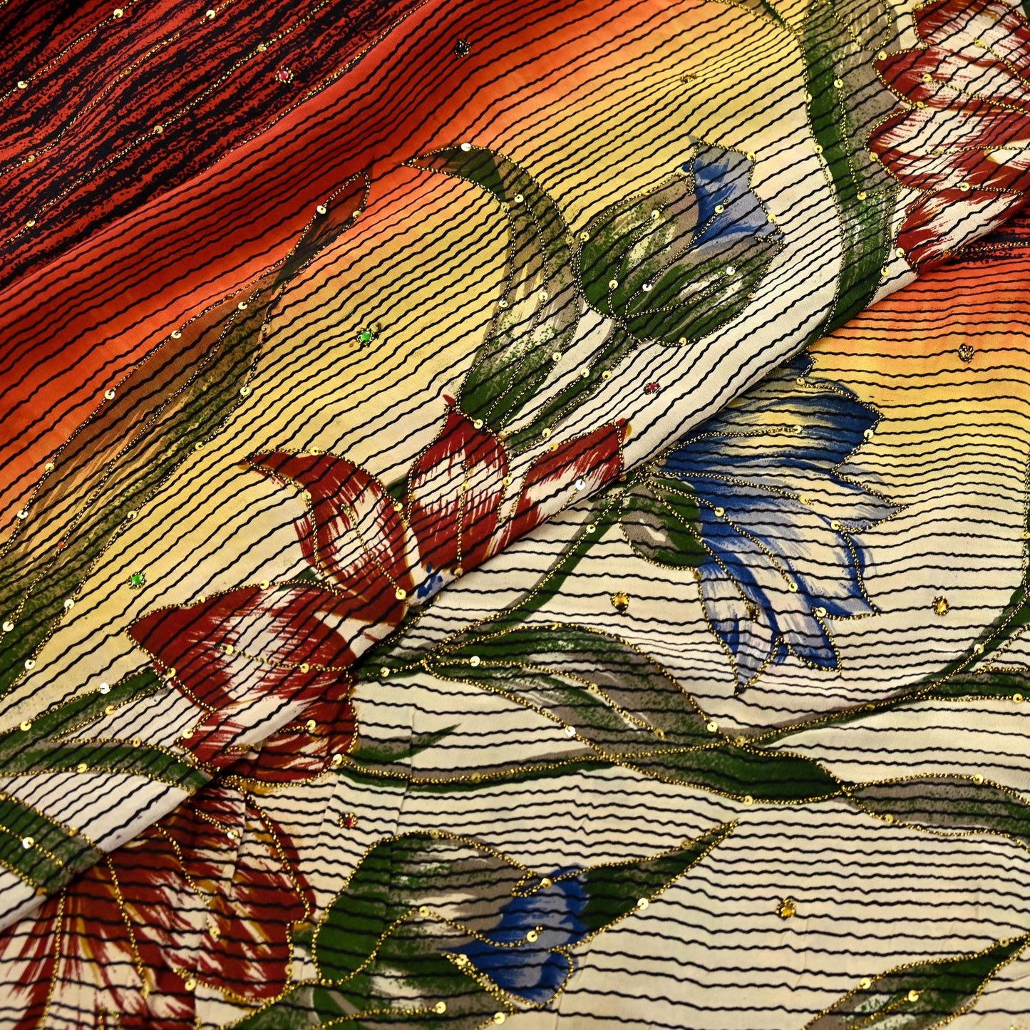 Indian Vintage Sari Multi Pure Crepe Silk Hand Embroidered Saree 5yd Craft Fabric Sewing Paisley Sequins Dress Making Crafting Quilting