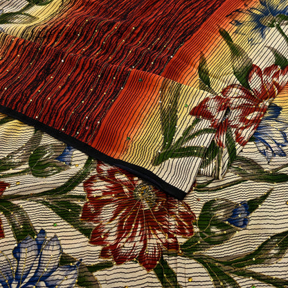 Indian Vintage Sari Multi Pure Crepe Silk Hand Embroidered Saree 5yd Craft Fabric Sewing Paisley Sequins Dress Making Crafting Quilting