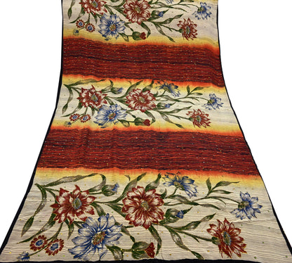 Indian Vintage Sari Multi Pure Crepe Silk Hand Embroidered Saree 5yd Craft Fabric Sewing Paisley Sequins Dress Making Crafting Quilting