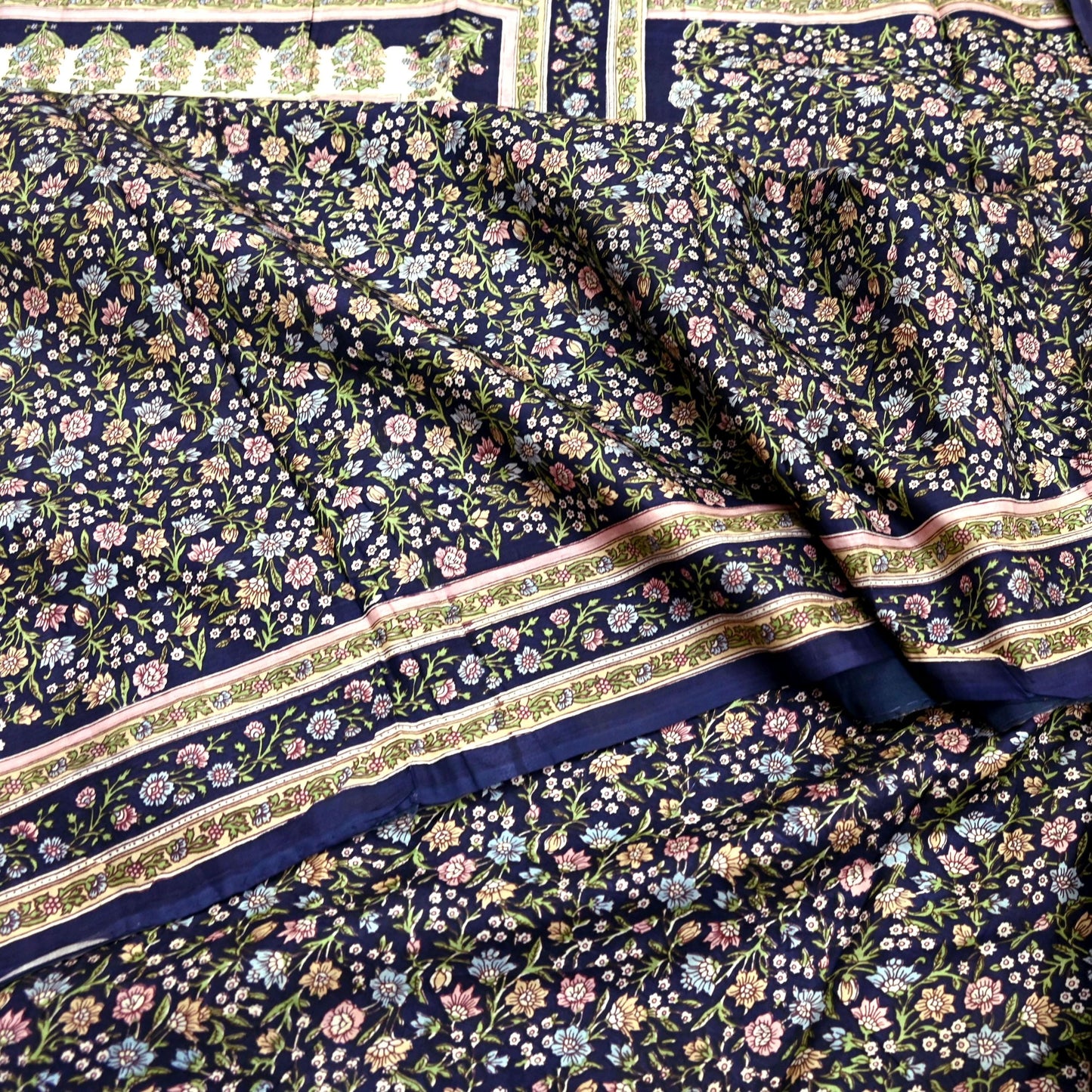 Indian Vintage Blue Pure Silk Printed Saree 5 Yards Soft Floral Fabric for Dressmaking, Quilting, Crafting, Sewing & Upcycling Dress Making