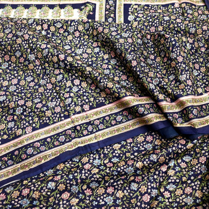 Indian Vintage Blue Pure Silk Printed Saree 5 Yards Soft Floral Fabric for Dressmaking, Quilting, Crafting, Sewing & Upcycling Dress Making