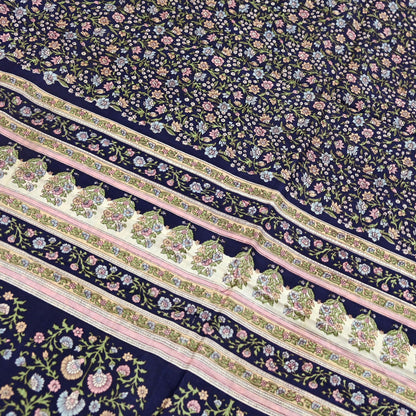 Indian Vintage Blue Pure Silk Printed Saree 5 Yards Soft Floral Fabric for Dressmaking, Quilting, Crafting, Sewing & Upcycling Dress Making