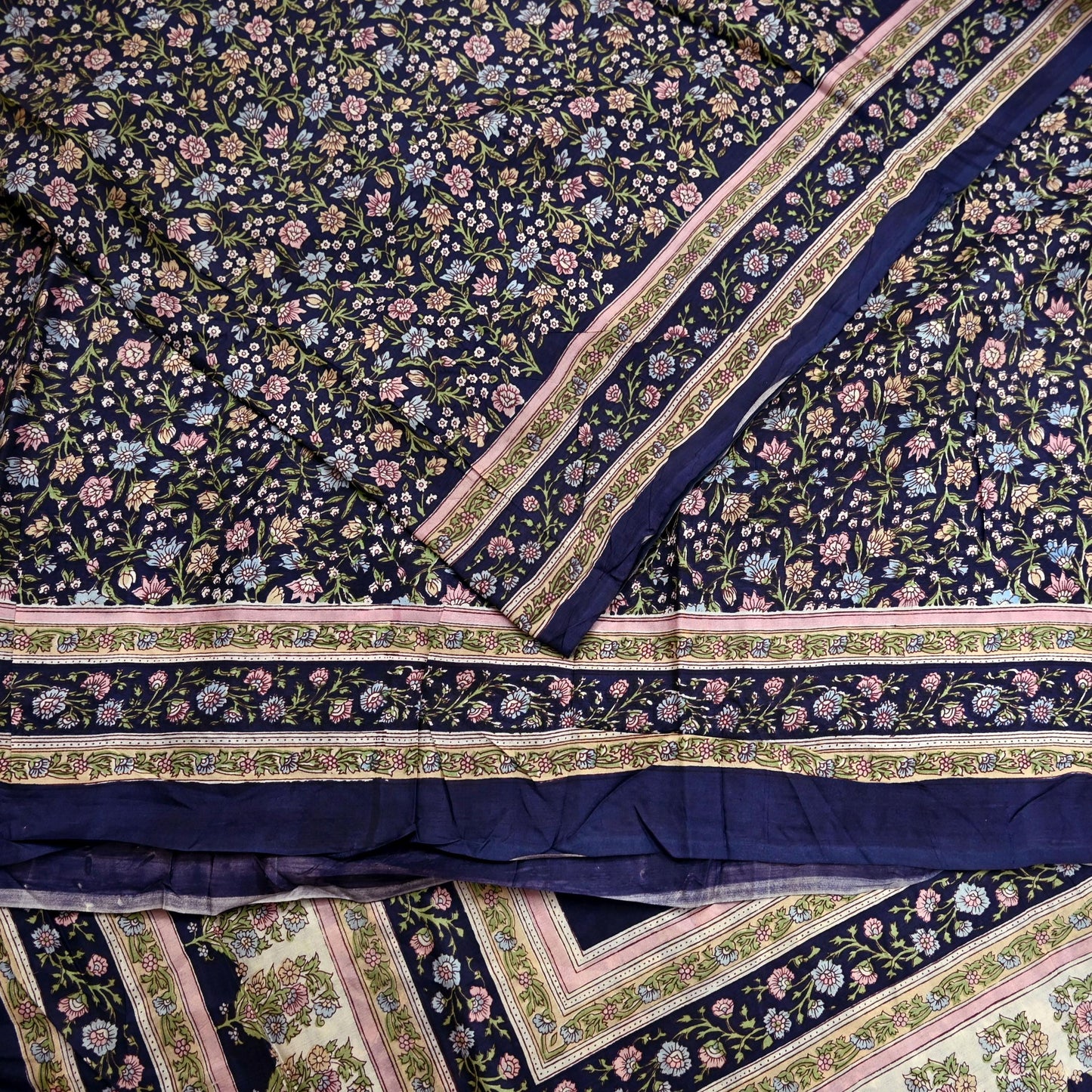 Indian Vintage Blue Pure Silk Printed Saree 5 Yards Soft Floral Fabric for Dressmaking, Quilting, Crafting, Sewing & Upcycling Dress Making