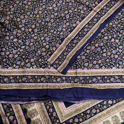 Indian Vintage Blue Pure Silk Printed Saree 5 Yards Soft Floral Fabric for Dressmaking, Quilting, Crafting, Sewing & Upcycling Dress Making