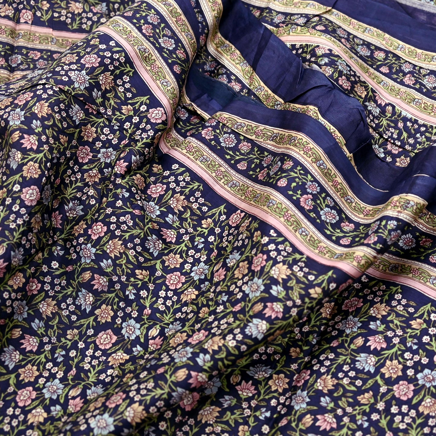 Indian Vintage Blue Pure Silk Printed Saree 5 Yards Soft Floral Fabric for Dressmaking, Quilting, Crafting, Sewing & Upcycling Dress Making