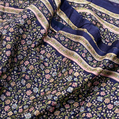 Indian Vintage Blue Pure Silk Printed Saree 5 Yards Soft Floral Fabric for Dressmaking, Quilting, Crafting, Sewing & Upcycling Dress Making