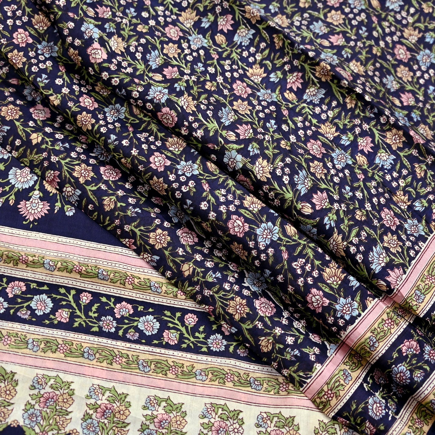 Indian Vintage Blue Pure Silk Printed Saree 5 Yards Soft Floral Fabric for Dressmaking, Quilting, Crafting, Sewing & Upcycling Dress Making