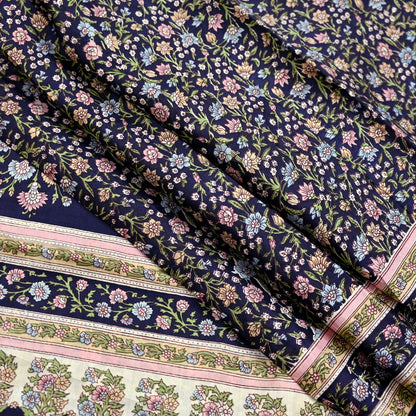 Indian Vintage Blue Pure Silk Printed Saree 5 Yards Soft Floral Fabric for Dressmaking, Quilting, Crafting, Sewing & Upcycling Dress Making