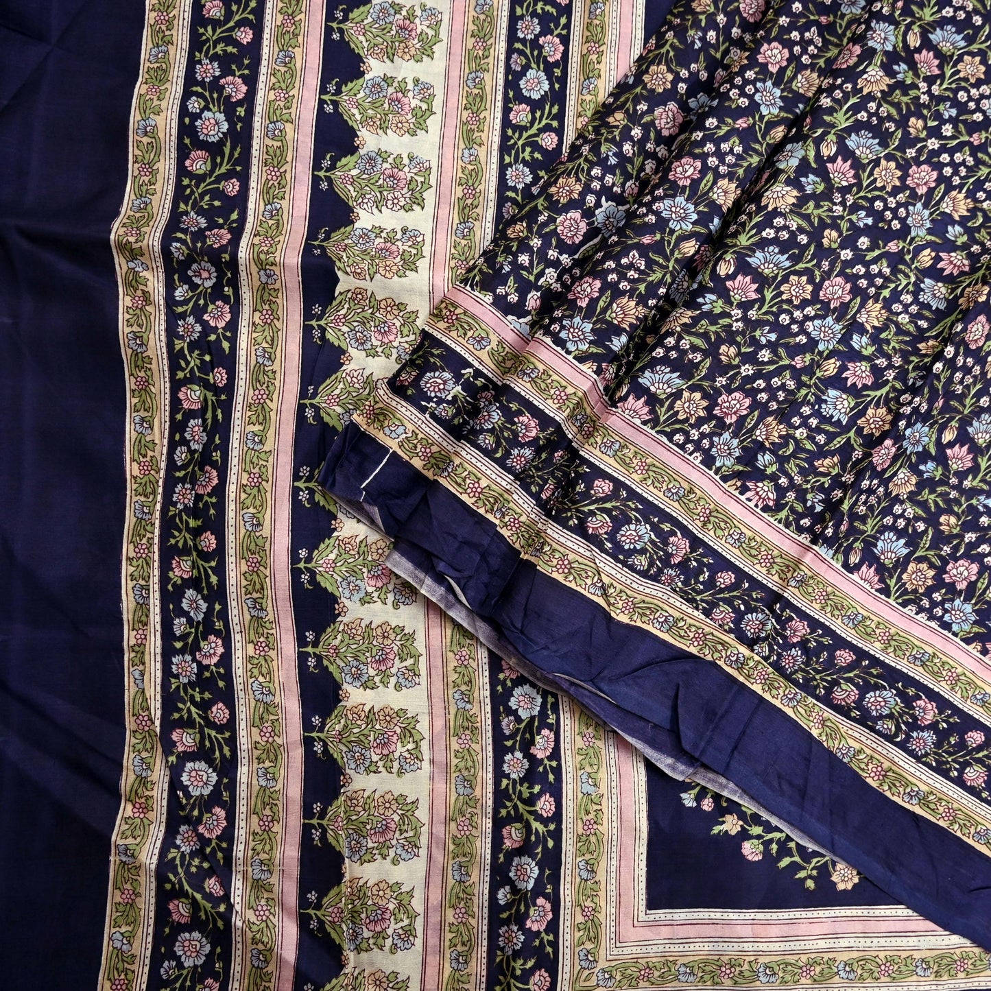 Indian Vintage Blue Pure Silk Printed Saree 5 Yards Soft Floral Fabric for Dressmaking, Quilting, Crafting, Sewing & Upcycling Dress Making